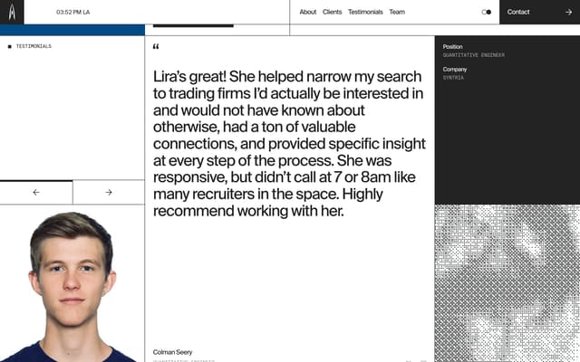 Bento Grid Testimonials with Dithered Portraits on aspensearch.com