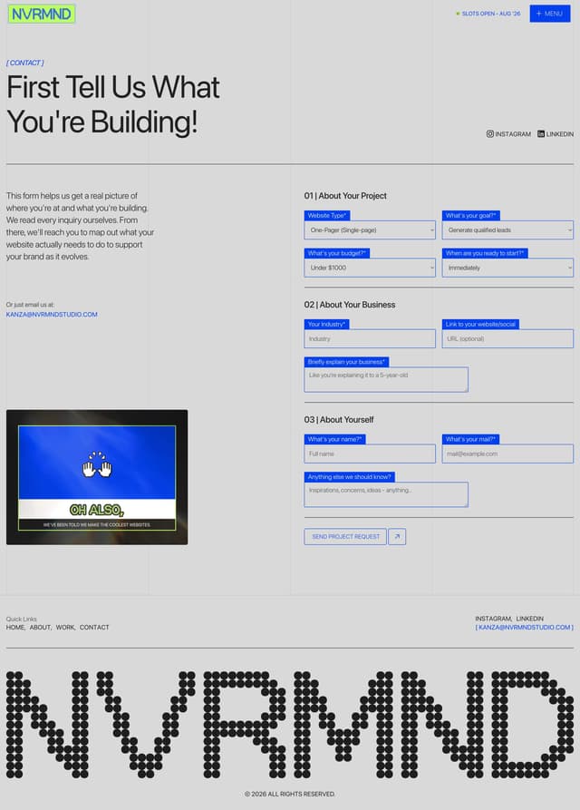 Grid-based multi-step form with high-contrast labels on nvrmndstudio.com