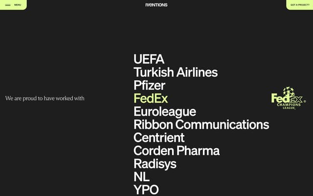 Typography-Led Client List with Hover Preview on iventions.com