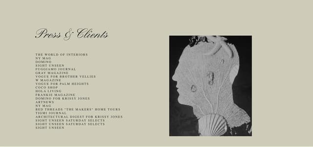 Two-column press list with script header and editorial image on shopmemor.com