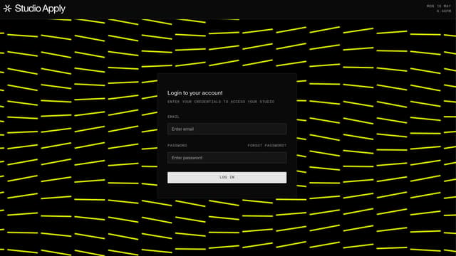 Centered login card with high-contrast geometric background on studio.apply.design
