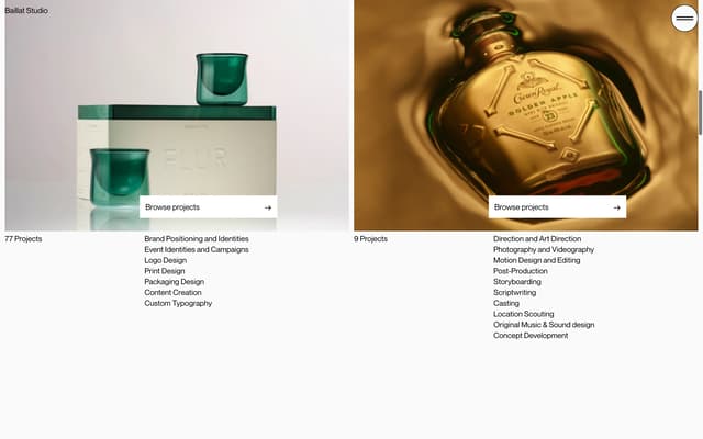 Split-screen services header on baillatstudio.com