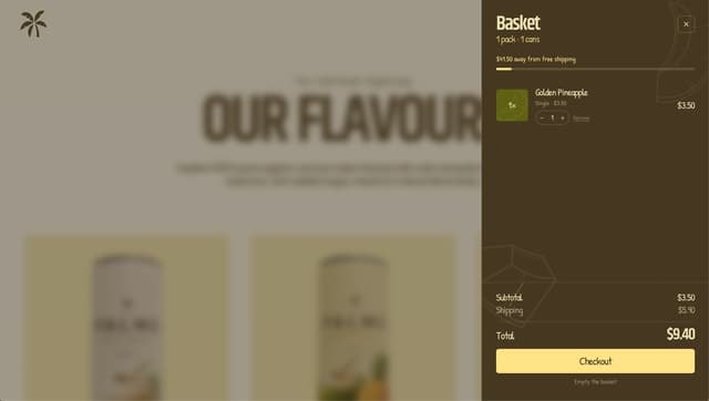 Slide-out cart with brand-specific typography and line-art background on palmo.co.in