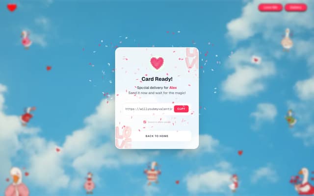 Confetti Celebration Share Modal on willyoubmyvalentine.vercel.app