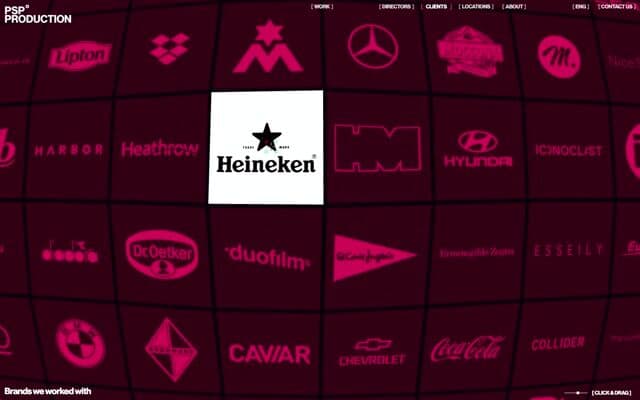 Endless draggable logo wall bent like a fisheye, with tiles that pop and tilt on hover on productionportugal.com