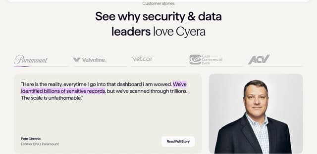 Cyera Customer Stories Carousel on cyera.com