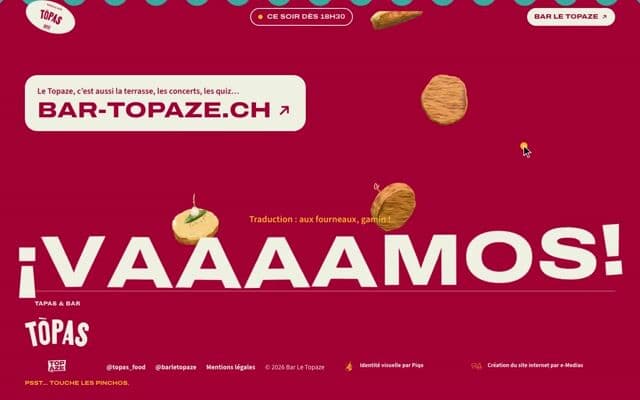 Footer where 3D pinchos rain onto the wordmark and scatter under the cursor on bar-topas.ch