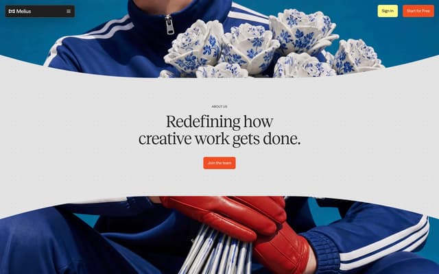 About page with wavy photo mask and serif type on melius.com