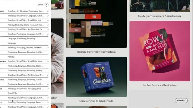 Slide-out index sidebar with project metadata on creech.co