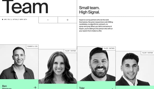 Bento Grid Team with Mint Accent Bars on aspensearch.com