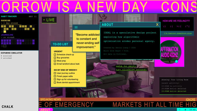 Windowed dashboard with brutalist neon aesthetic on myideal.me