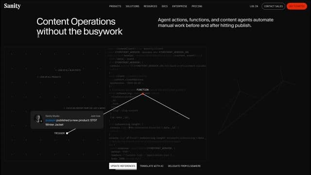 Dark features block with process flow visualization on sanity.io