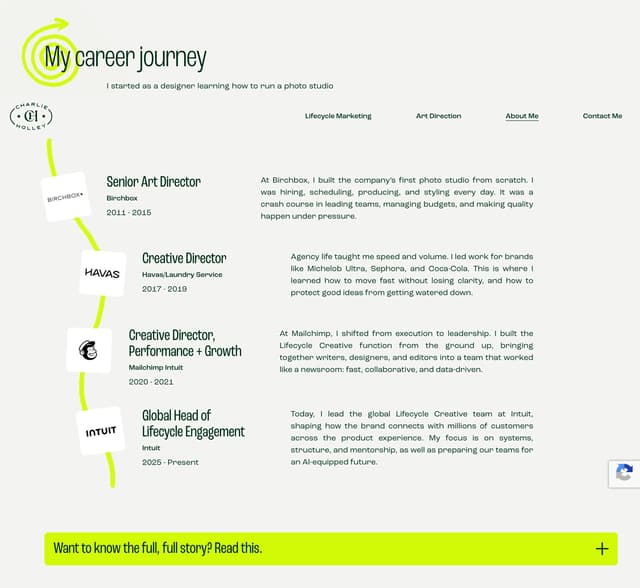 Career journey with hand-drawn path on charlieholley.com
