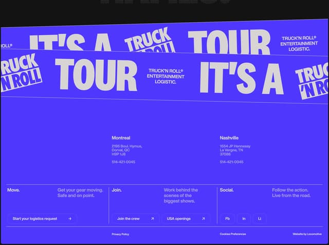 Brutalist Footer with Ticker Typography on trucknroll.com