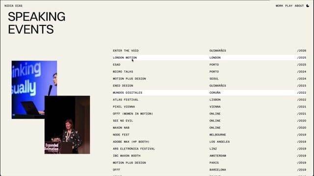 Split-screen event list with hover-synced media on nidiadias.com